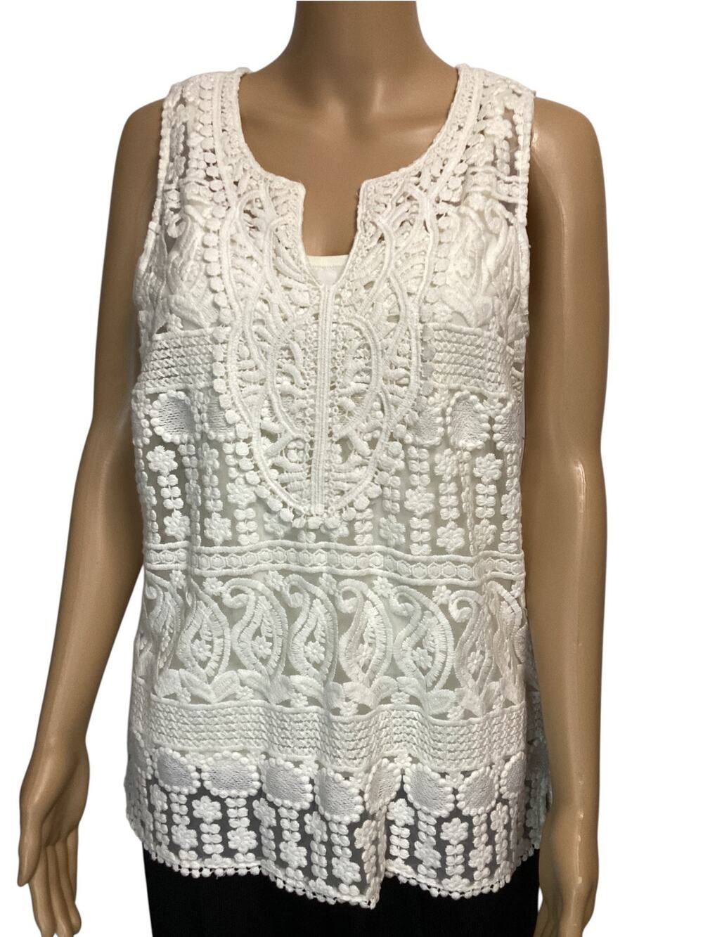 Garnet Hill Women's White Embroidered Lace Tank Top with Cami Lining Size M